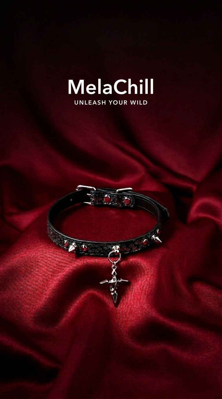 Black Gothic Spike Cross Charm Choker Necklace | Red Crystal Studded Ring Collar with Dagger Pendant