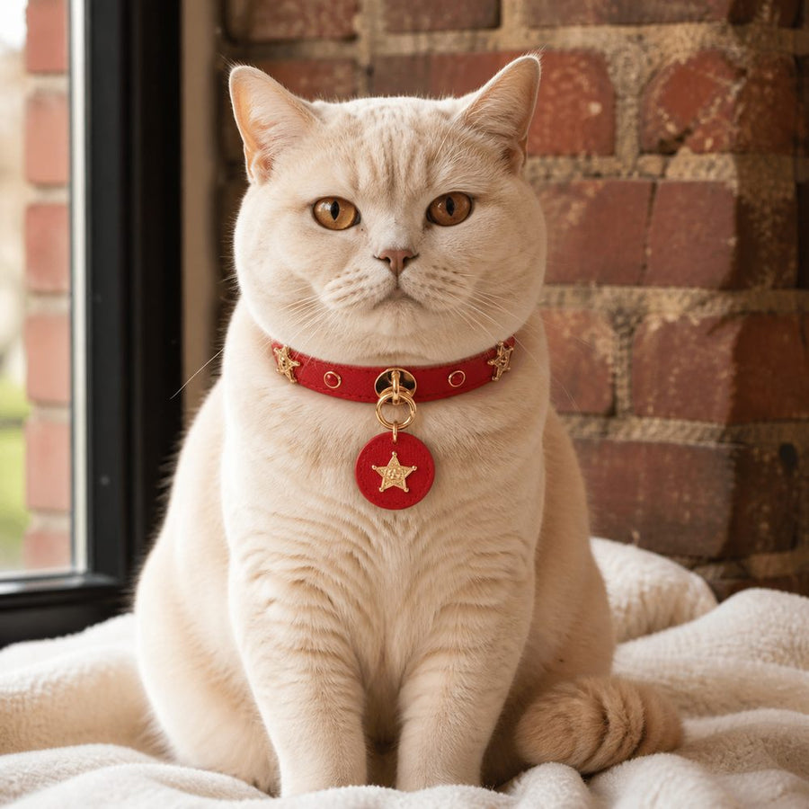 Scarlet Star Cat Collar with Gold-Tone Emblems and Round Medallion
