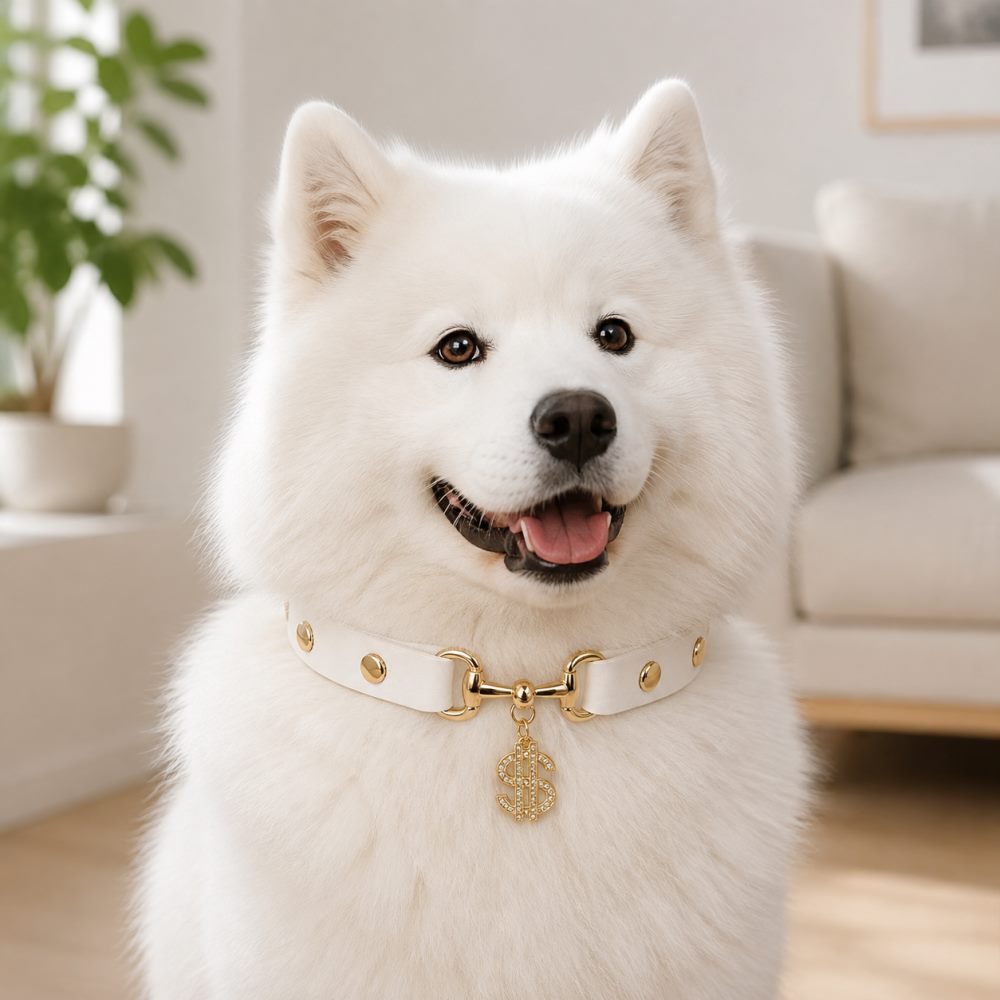 Golden Fortune White Dog Collar with Crystal Dollar Charm