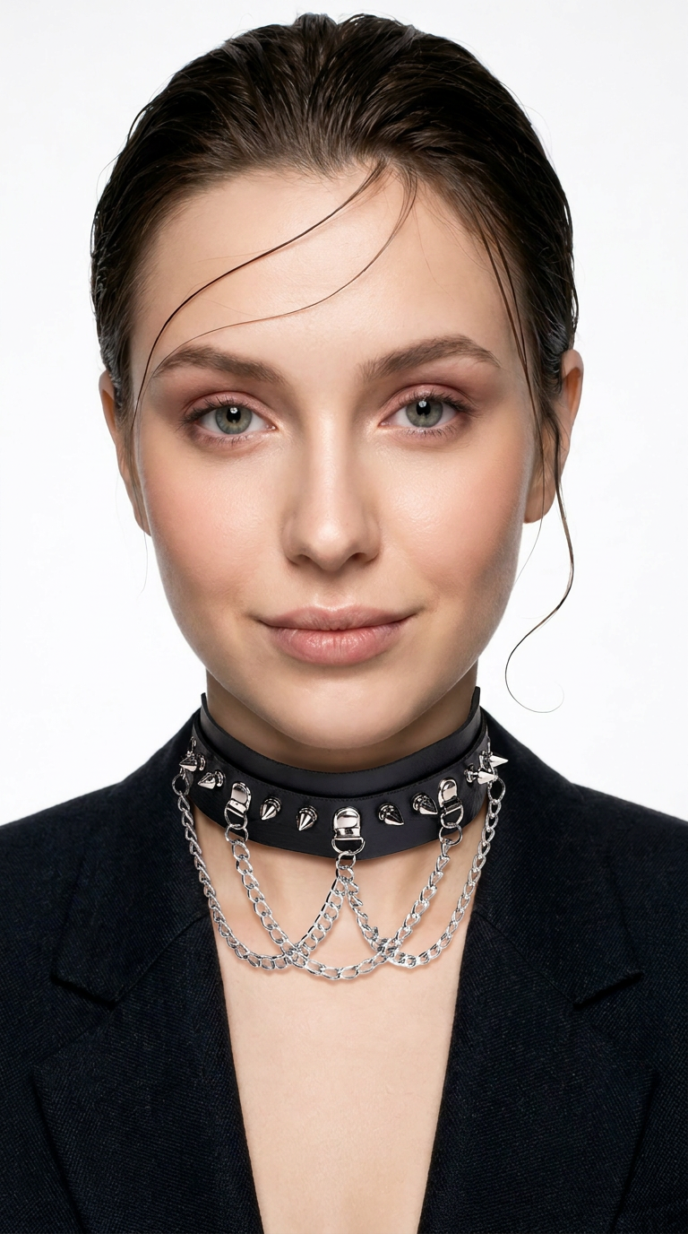 MelaChill Gothic Dark Choker Necklace | Black Studded Chain Soft Leather Collar