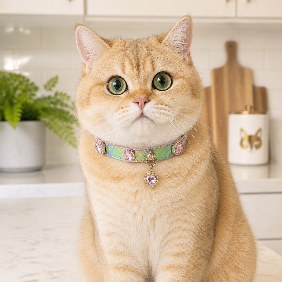 Aurora Scale Cat Collar with Pink Crystal Heart Pendant