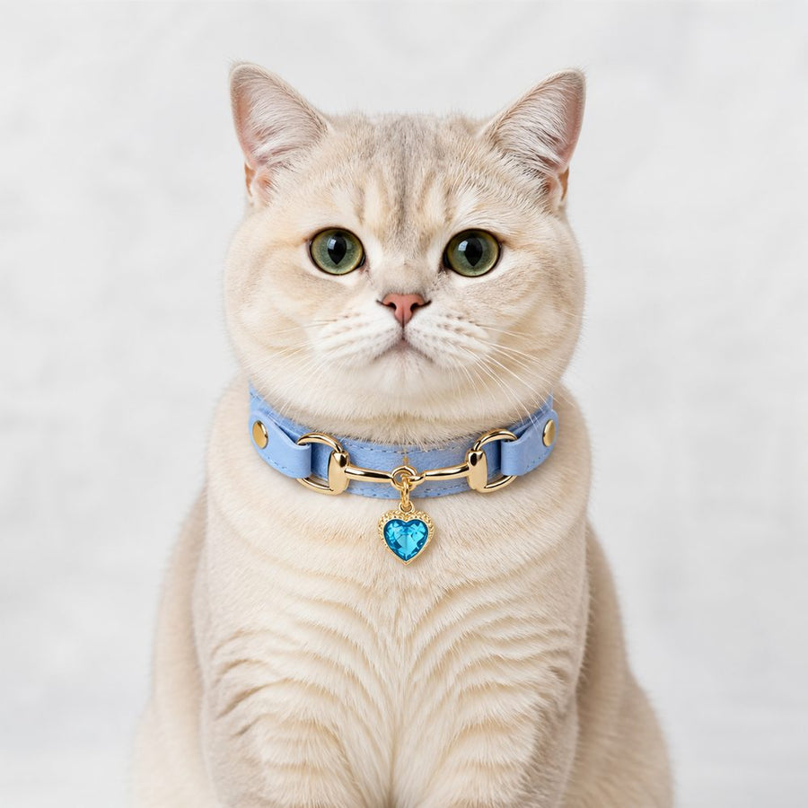 Aqua Jewel Cat Collar with Blue Crystal Heart Pendant