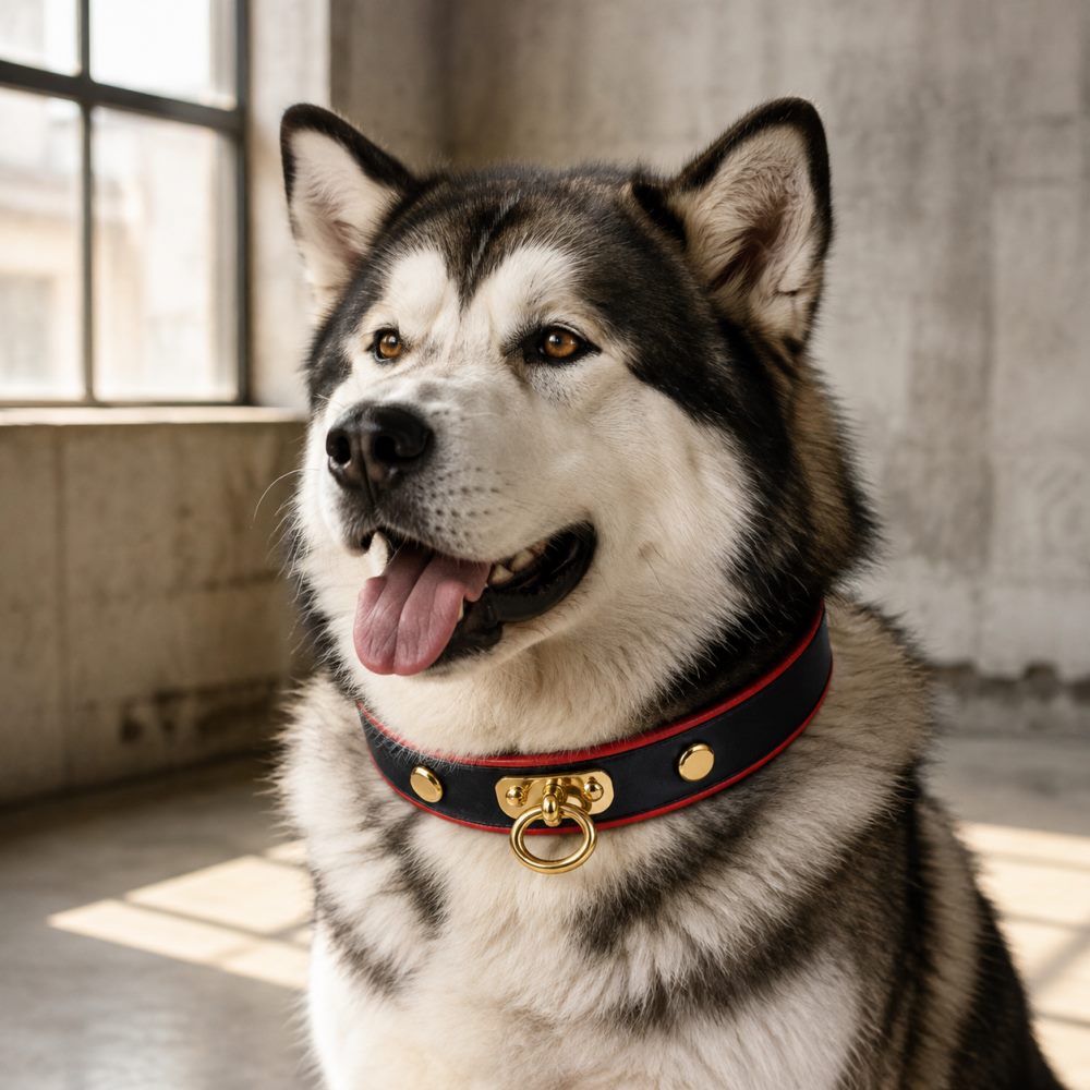 Crimson Edge Dog Collar with Black Finish and Gold Ring Detail