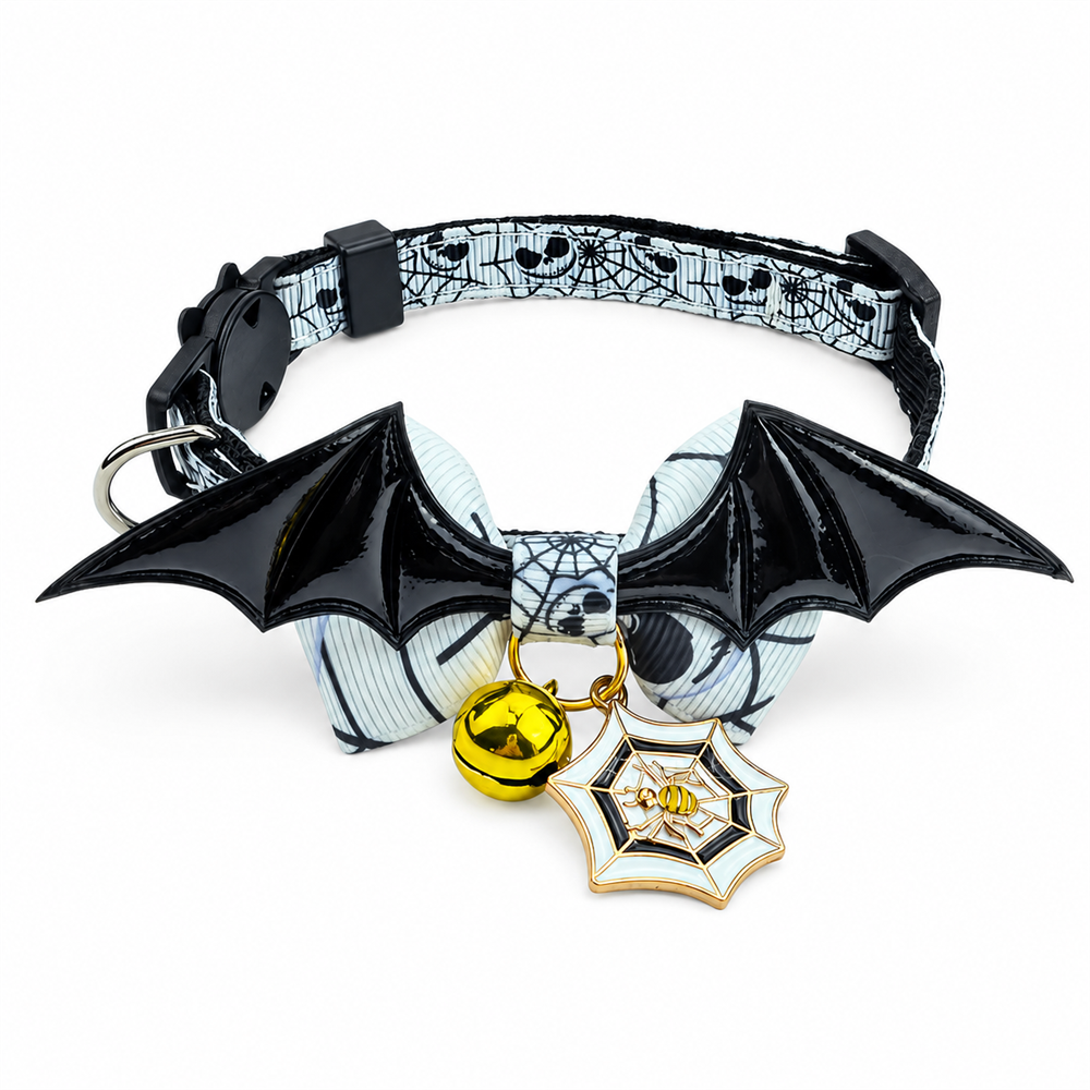 Haunted Web Cat Collar with Bat Wings, Bow and Pumpkin Bell