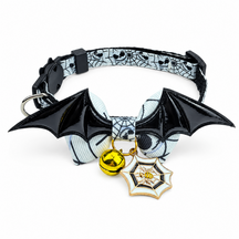 Haunted Web Cat Collar with Bat Wings, Bow and Pumpkin Bell