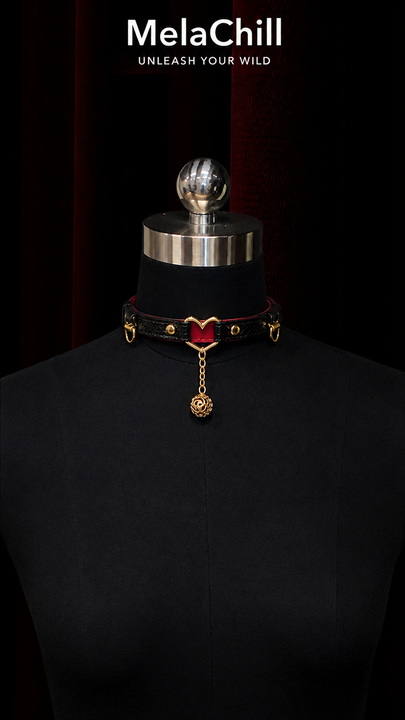 Sweet Gothic Heart Hollow Ball Choker Necklace | Black Embossed Faux Leather Collar with Red Lining & Gold Heart Frame Rose Ball Pendant