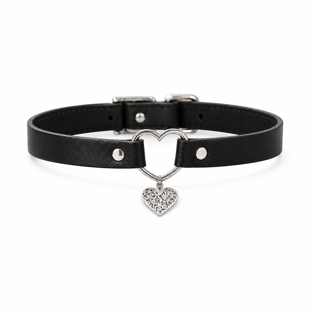 Guardian Heart Black Dog Collar with Silver Filigree Charm