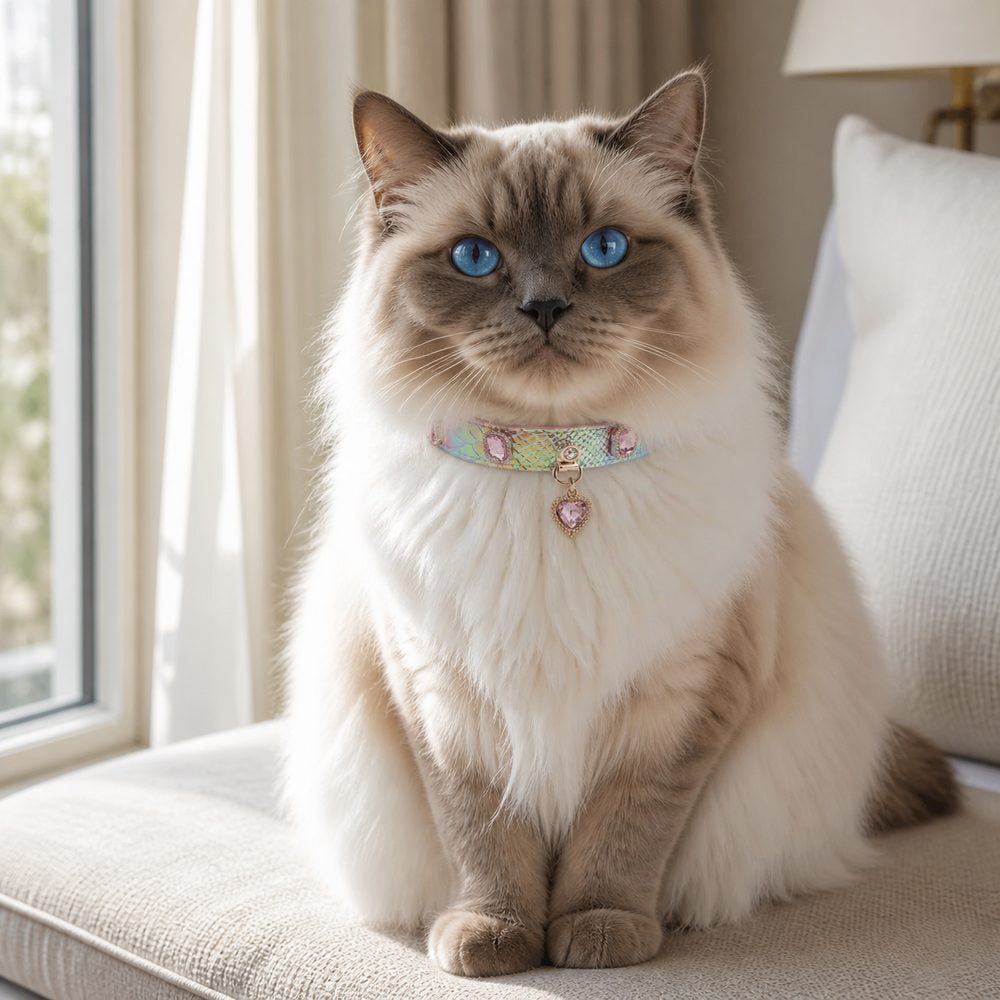 Aurora Scale Cat Collar with Pink Crystal Heart Pendant