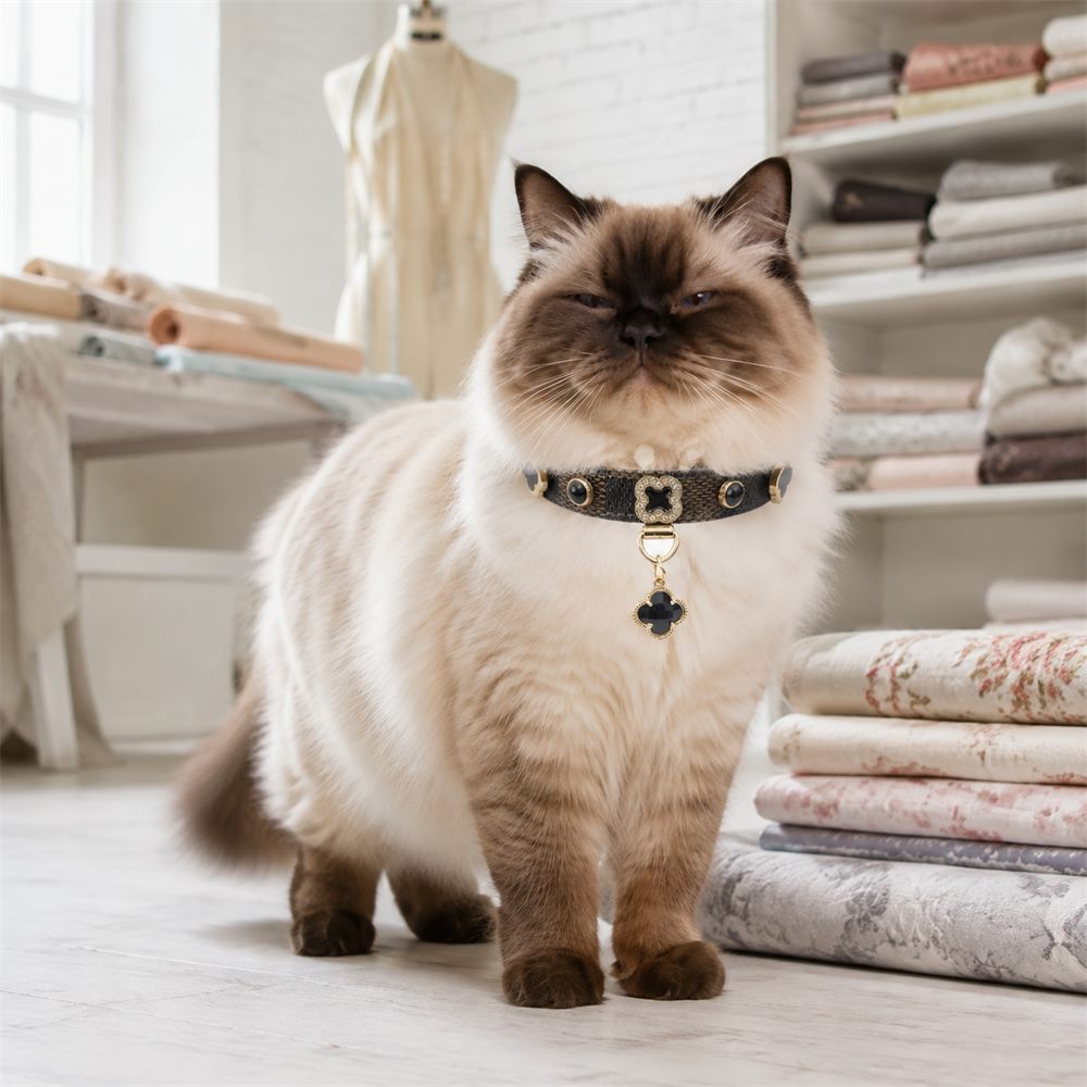 Midnight Clover Cat Collar with Black Floral Details and Crystal Pendant