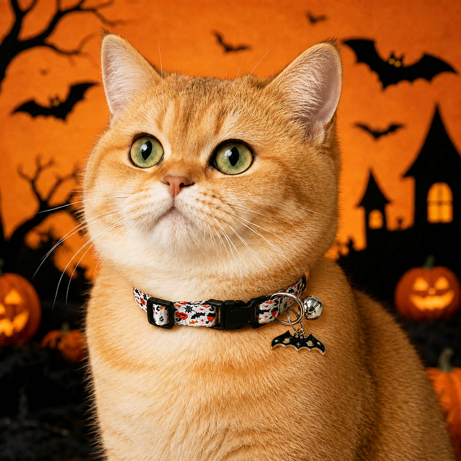 Midnight Blood Bat Cat Collar with Skull Bow and Bell