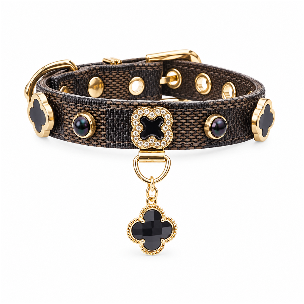 Midnight Gold Lucky Clover Dog Collar with Crystal Charm