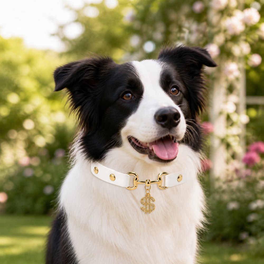 Golden Fortune White Dog Collar with Crystal Dollar Charm