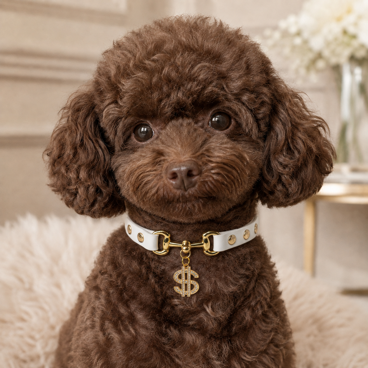 Golden Fortune White Dog Collar with Crystal Dollar Charm
