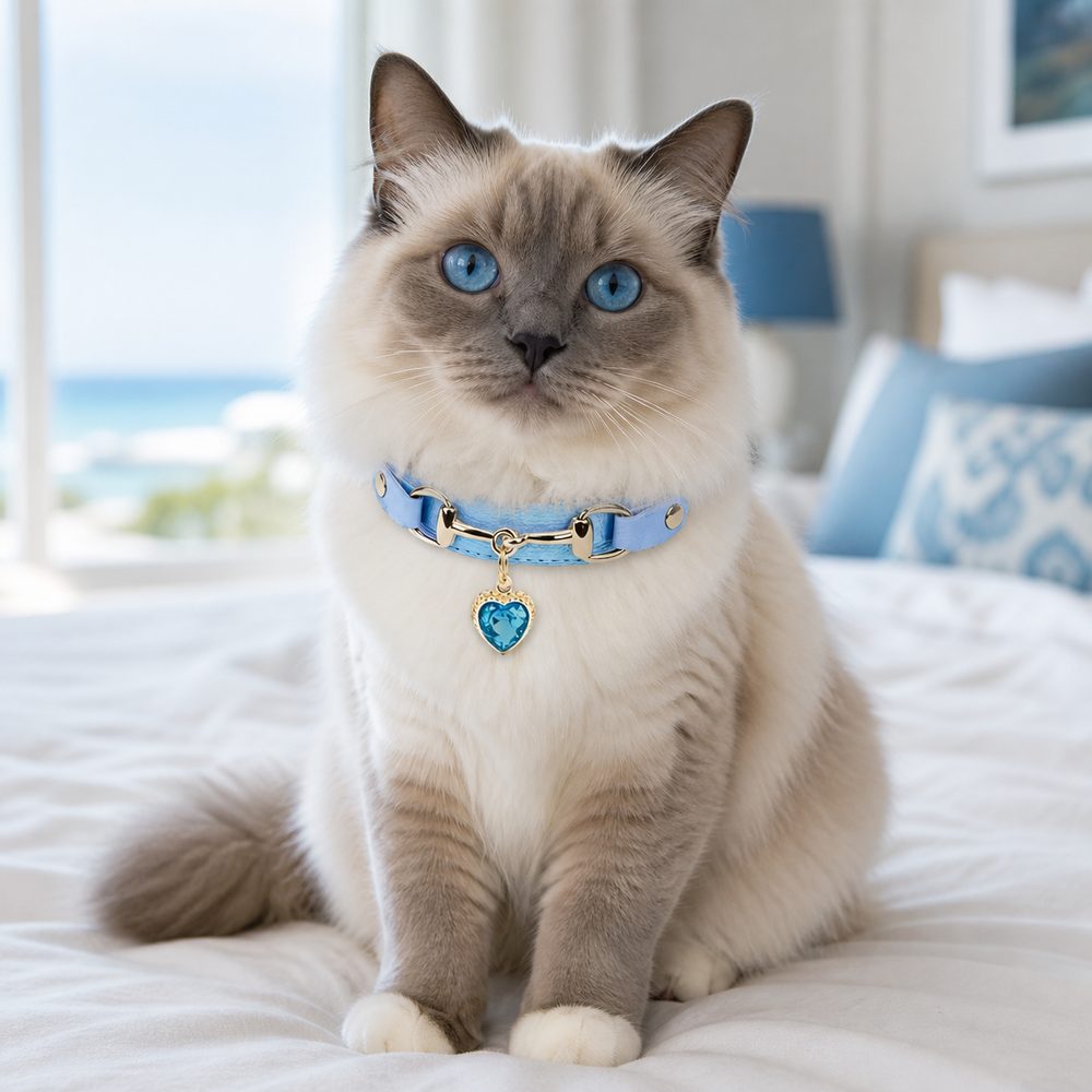 Aqua Jewel Cat Collar with Blue Crystal Heart Pendant
