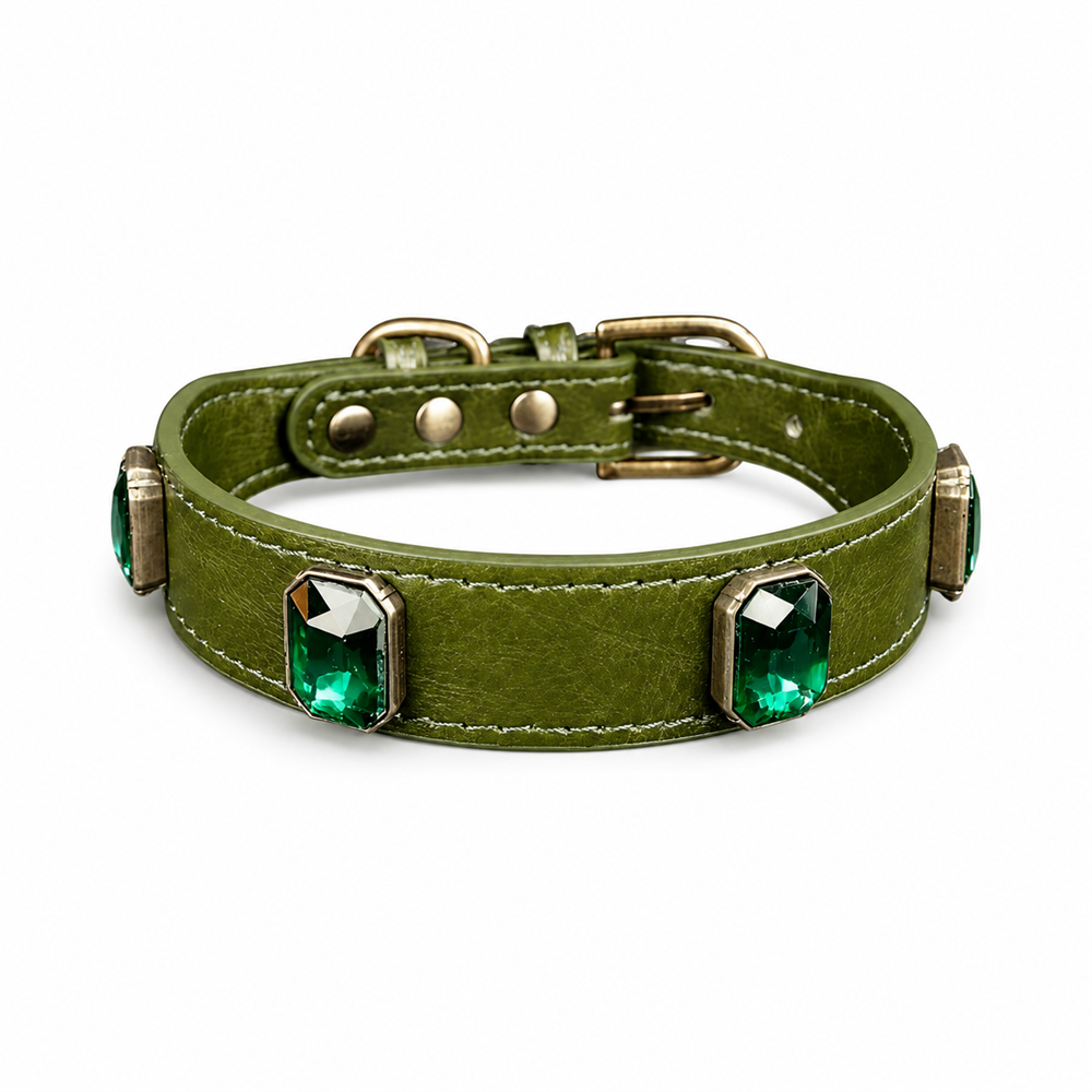 Forest Emerald Dog Collar with Olive-Green Finish and Crystal Accents