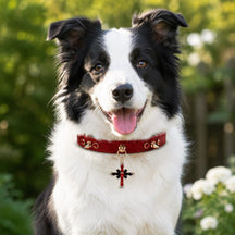 Crimson Flame Dog Collar with Gold Spikes and Jeweled Cross Charm