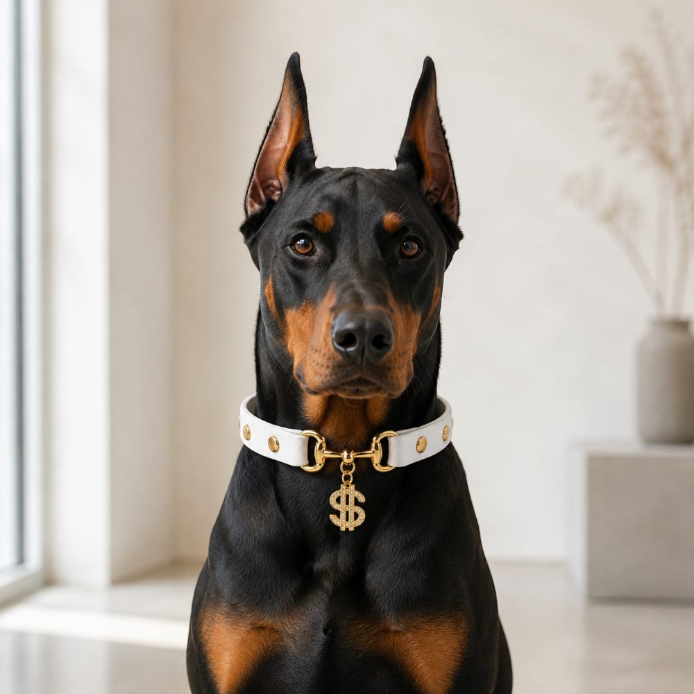 Golden Fortune White Dog Collar with Crystal Dollar Charm