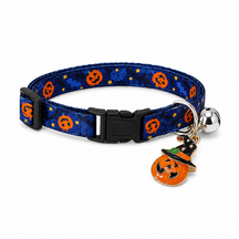 Moonlit Pumpkin Cat Collar with Witch-Hat Charm and Silver Bell