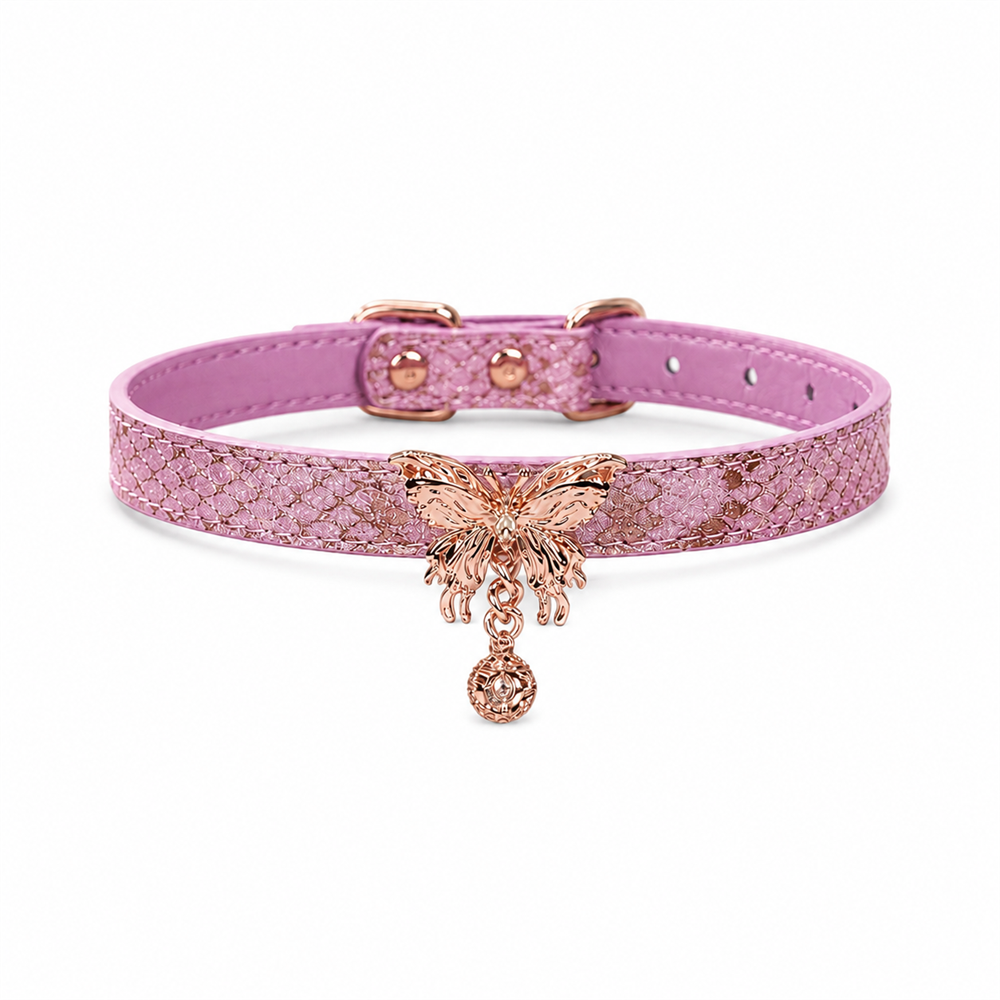 Flutter Glow Pink Dog Collar with Rose-Gold Butterfly Charm