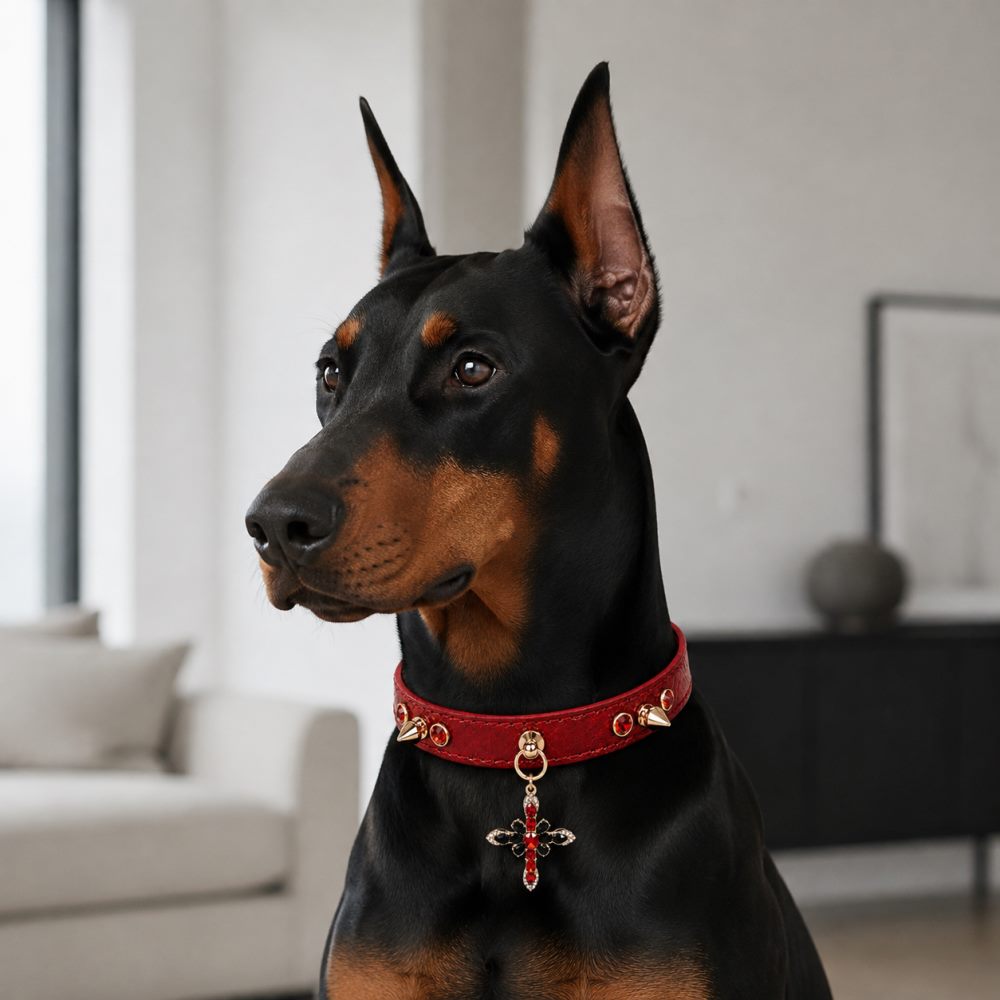 Crimson Flame Dog Collar with Gold Spikes and Jeweled Cross Charm