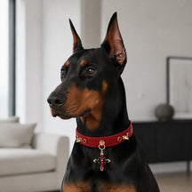 Crimson Flame Dog Collar with Gold Spikes and Jeweled Cross Charm
