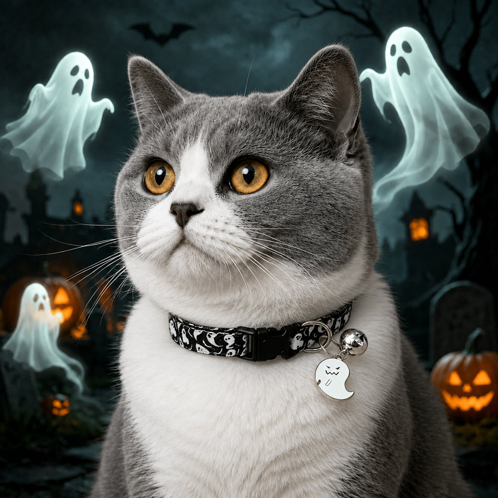 Moonlit Ghost Cat Collar with Silver Bell and Halloween Charm