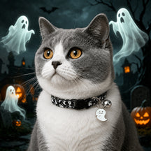 Moonlit Ghost Cat Collar with Silver Bell and Halloween Charm
