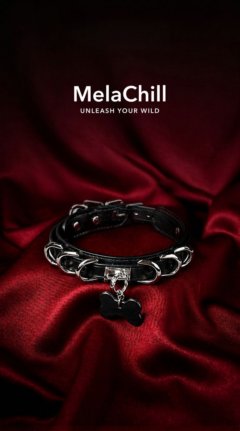 Black Gothic O-Ring Bone Tag Choker Necklace | Wide Faux Leather Collar with Silver Metal Hoops & Bone Pendant