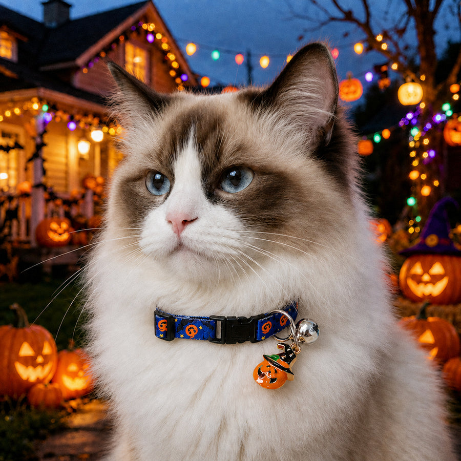Moonlit Pumpkin Cat Collar with Witch-Hat Charm and Silver Bell
