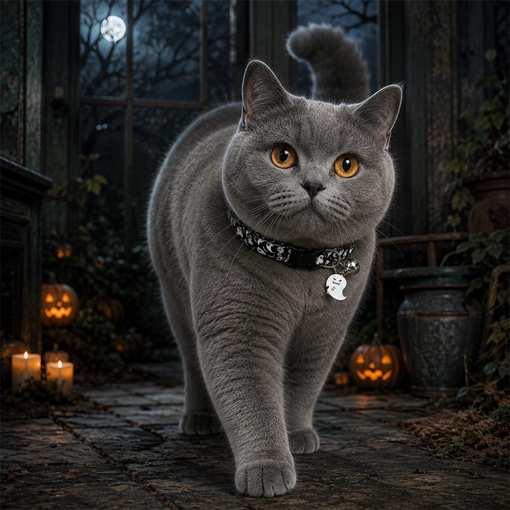 Moonlit Ghost Cat Collar with Silver Bell and Halloween Charm
