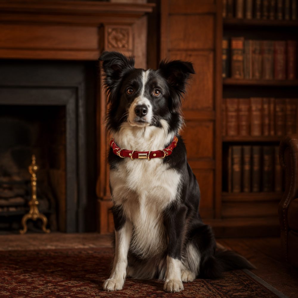 Crimson Link Dog Collar with Layered Gold Rings