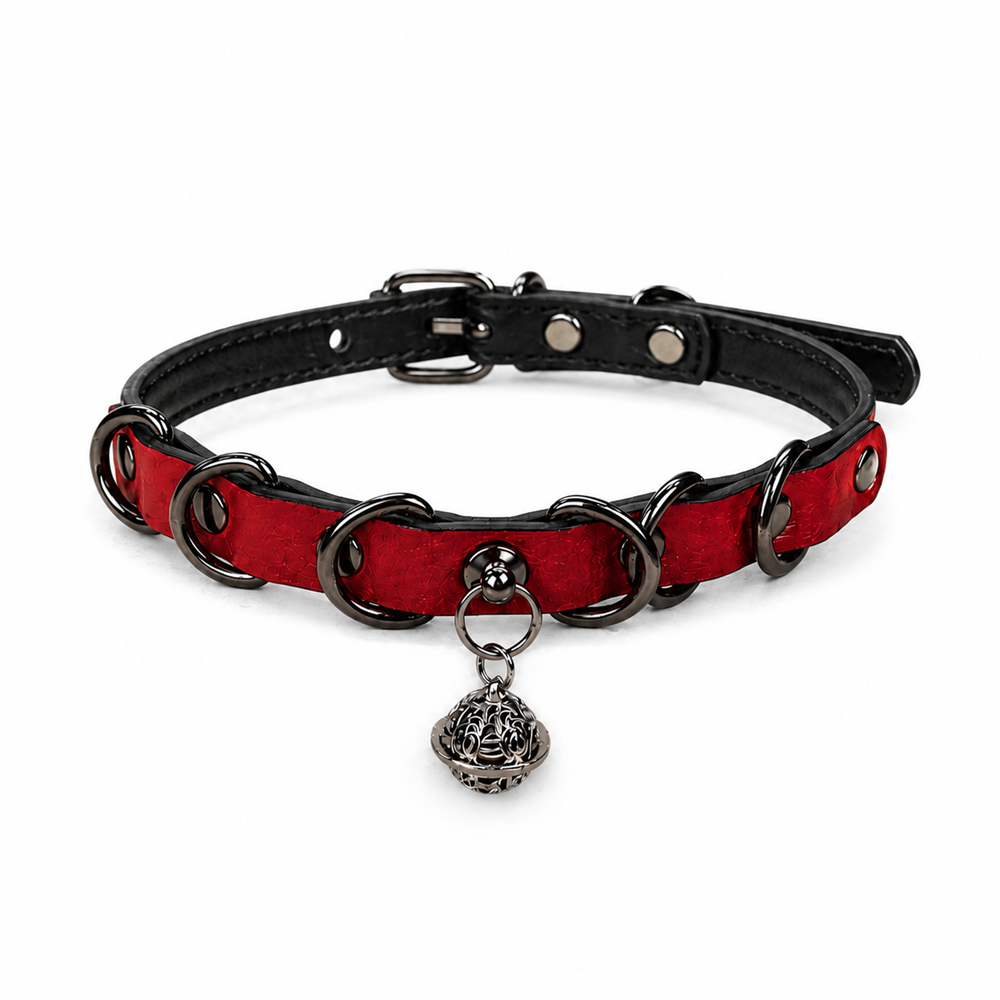Crimson Edge Dog Collar with Black Rings and Filigree Bell