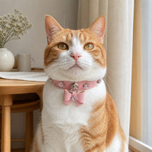 Cherry Blossom Cat Collar with Pink Bow and Crystal Flowers