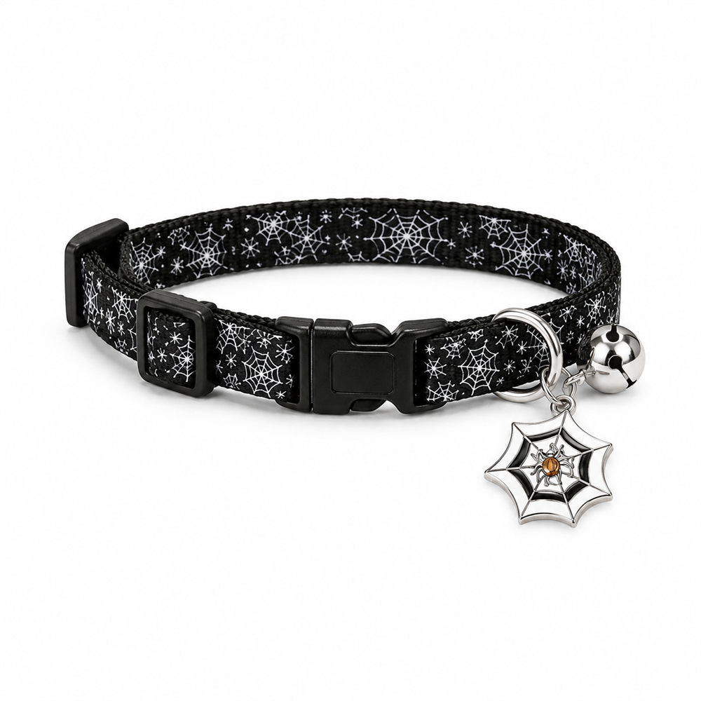 Haunted Web Cat Collar with Silver Bell and Spider Charm