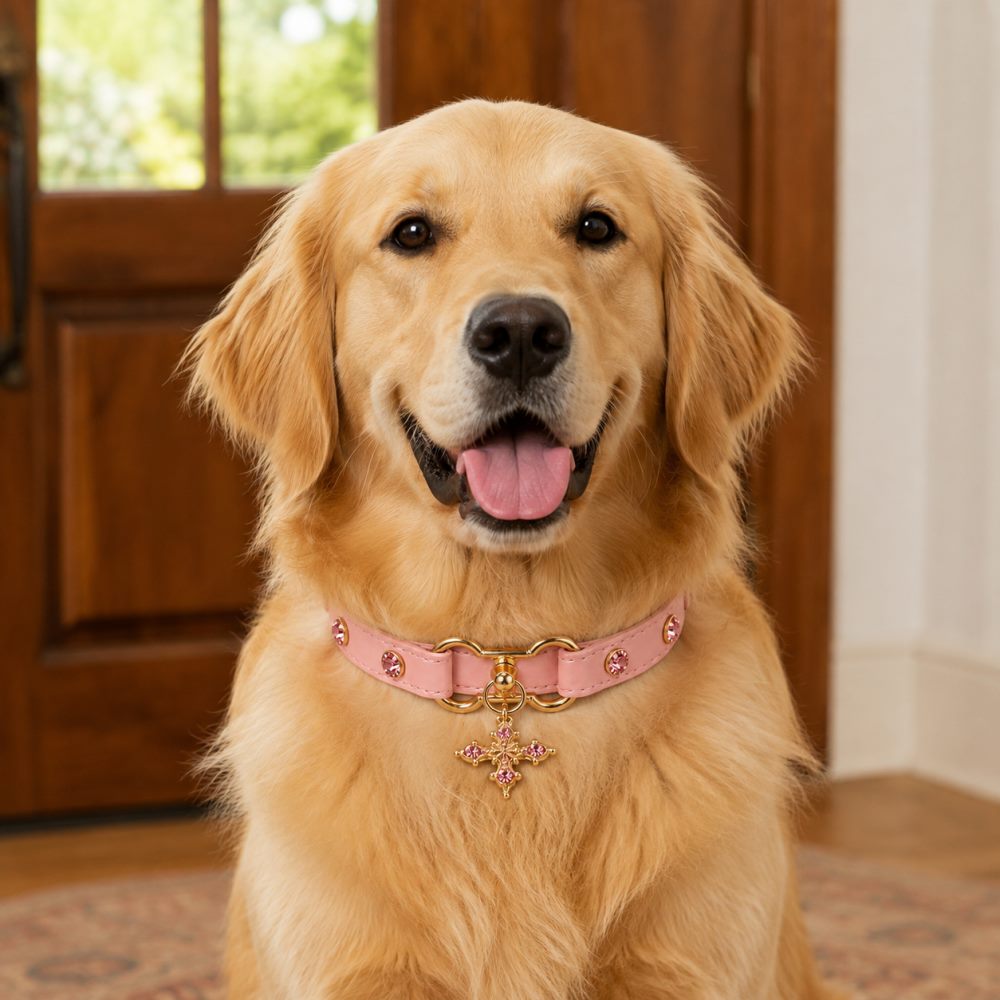 Blush Radiance Dog Collar with Pink Crystals and Gold Cross Charm