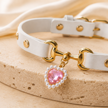 Pearl Heart White Dog Collar with Pink Crystal Charm
