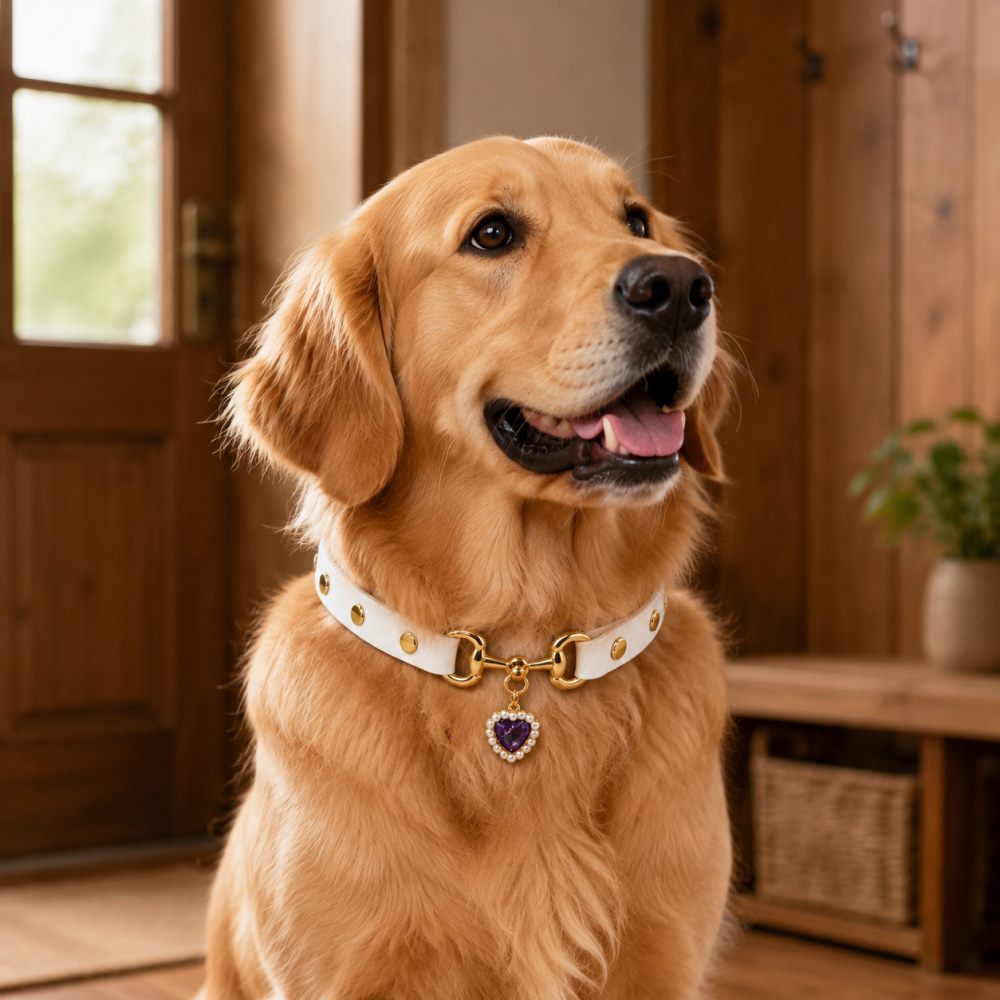 Amethyst Heart White Dog Collar with Gold-Tone Hardware and Pearl Halo Charm