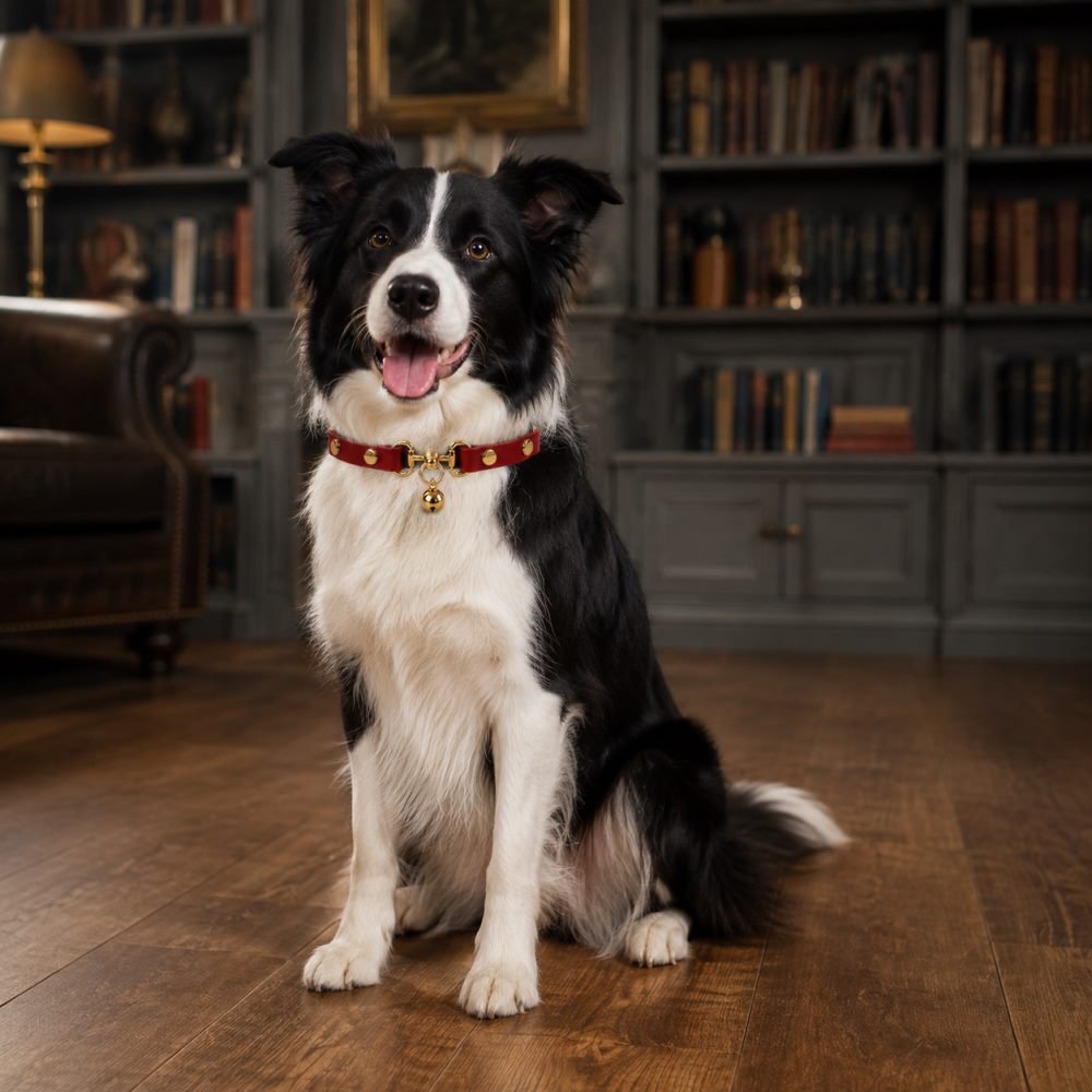 Crimson Regent Dog Collar with Gold Studs and Bell Charm