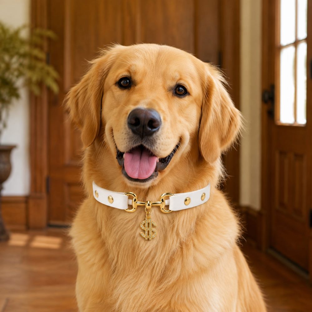 Golden Fortune White Dog Collar with Crystal Dollar Charm