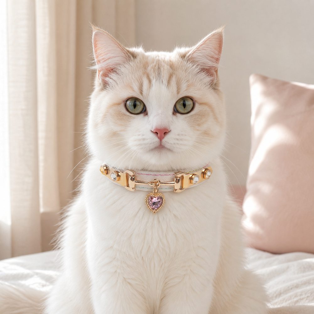 Prismatic Heart Cat Collar with Pink Crystal Pendant