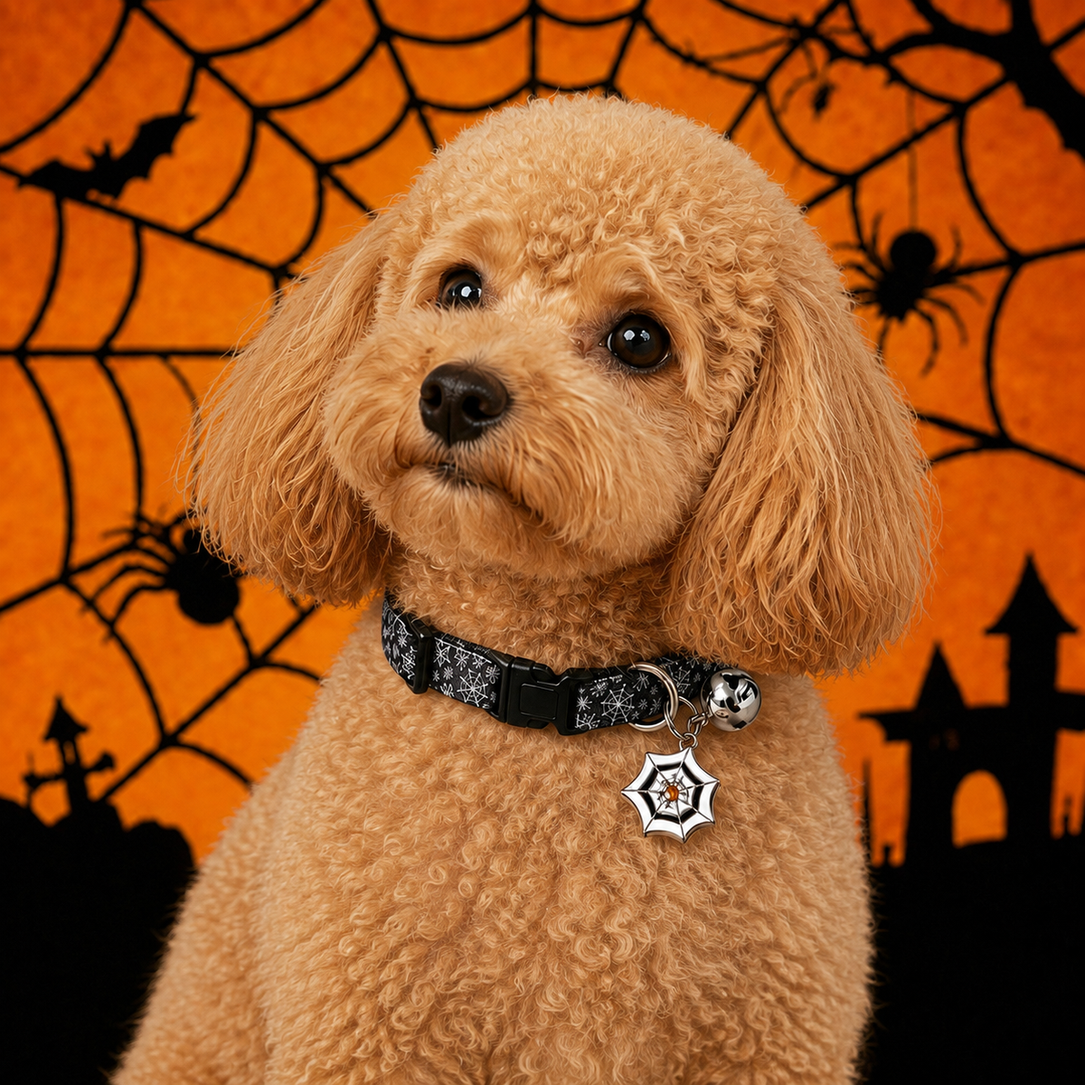 Midnight Spiderweb Dog Collar with Halloween Bell and Web Charm