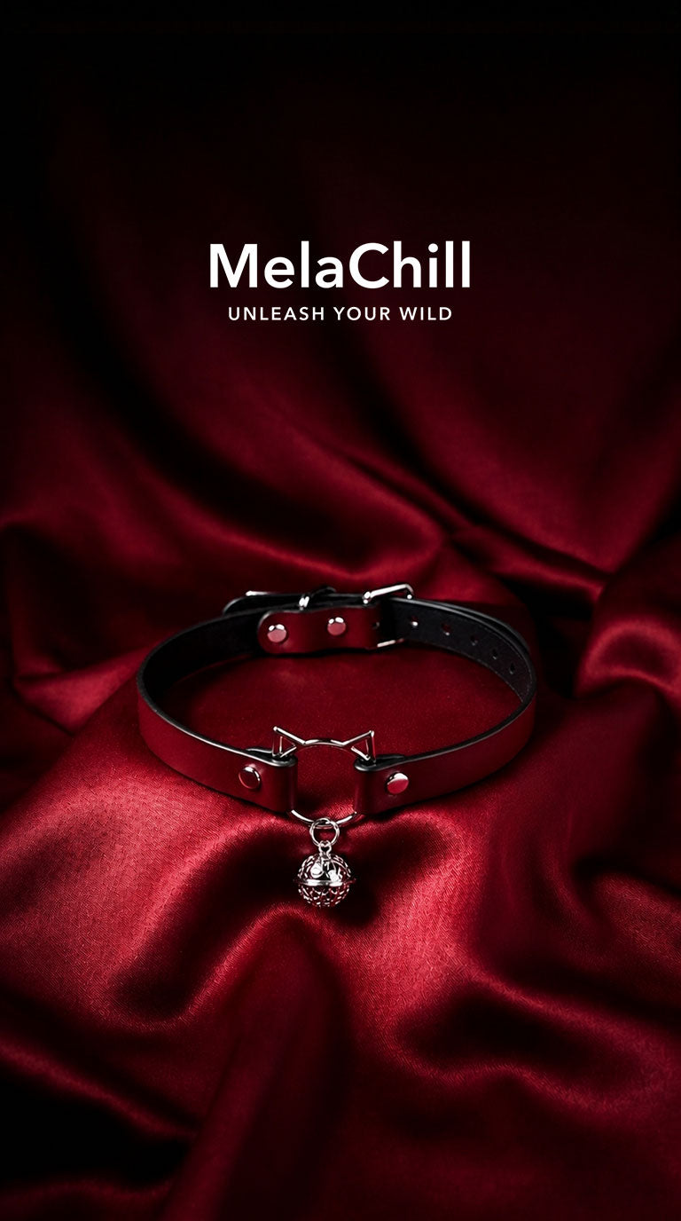 MelaChill Bow Bell Choker Necklace | Black & Burgundy Leather Gold Hardware Collar