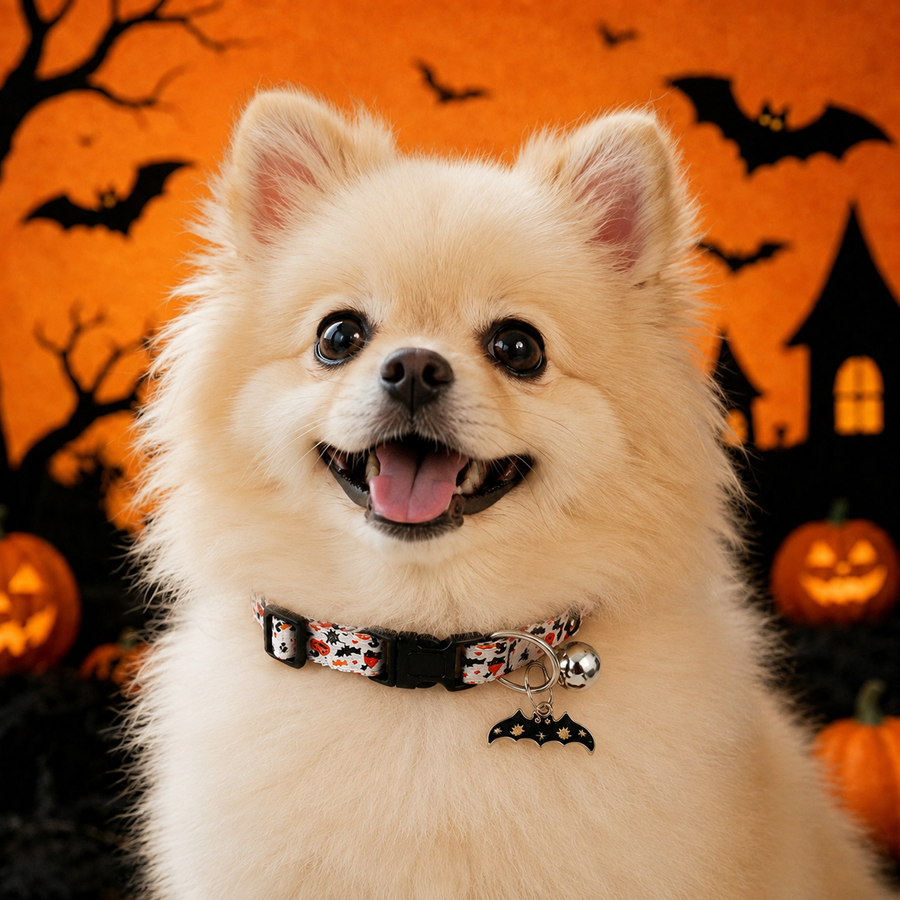 Blood Moon Bat Dog Collar with Skull Bow and Halloween Charms