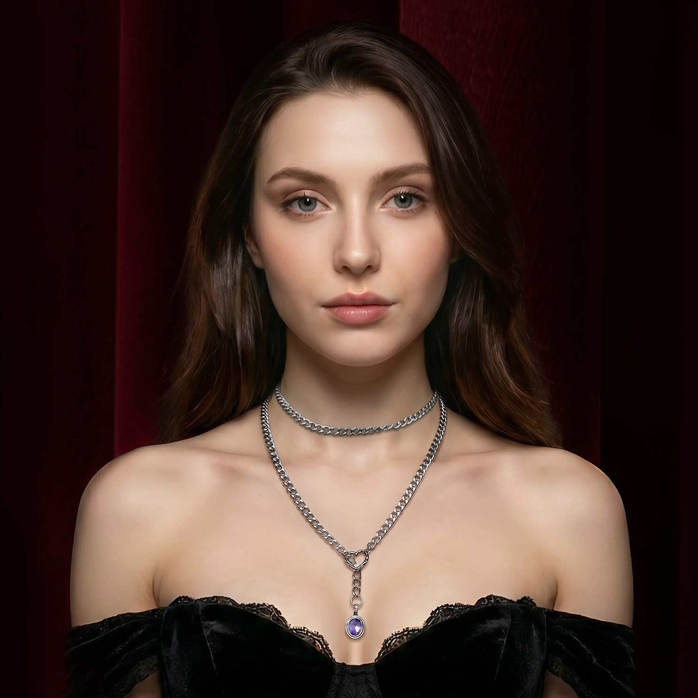 Purple Gem Heart Lariat Choker