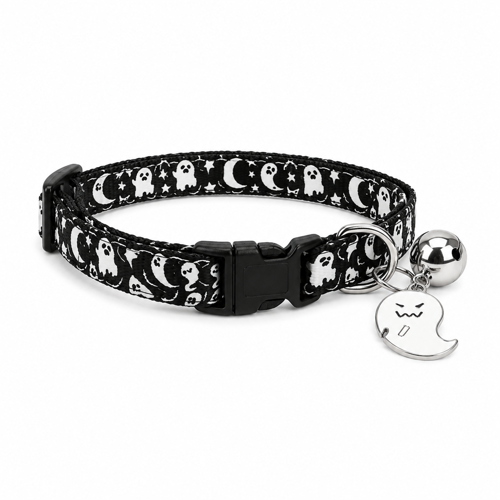 Moonlit Ghost Cat Collar with Silver Bell and Halloween Charm