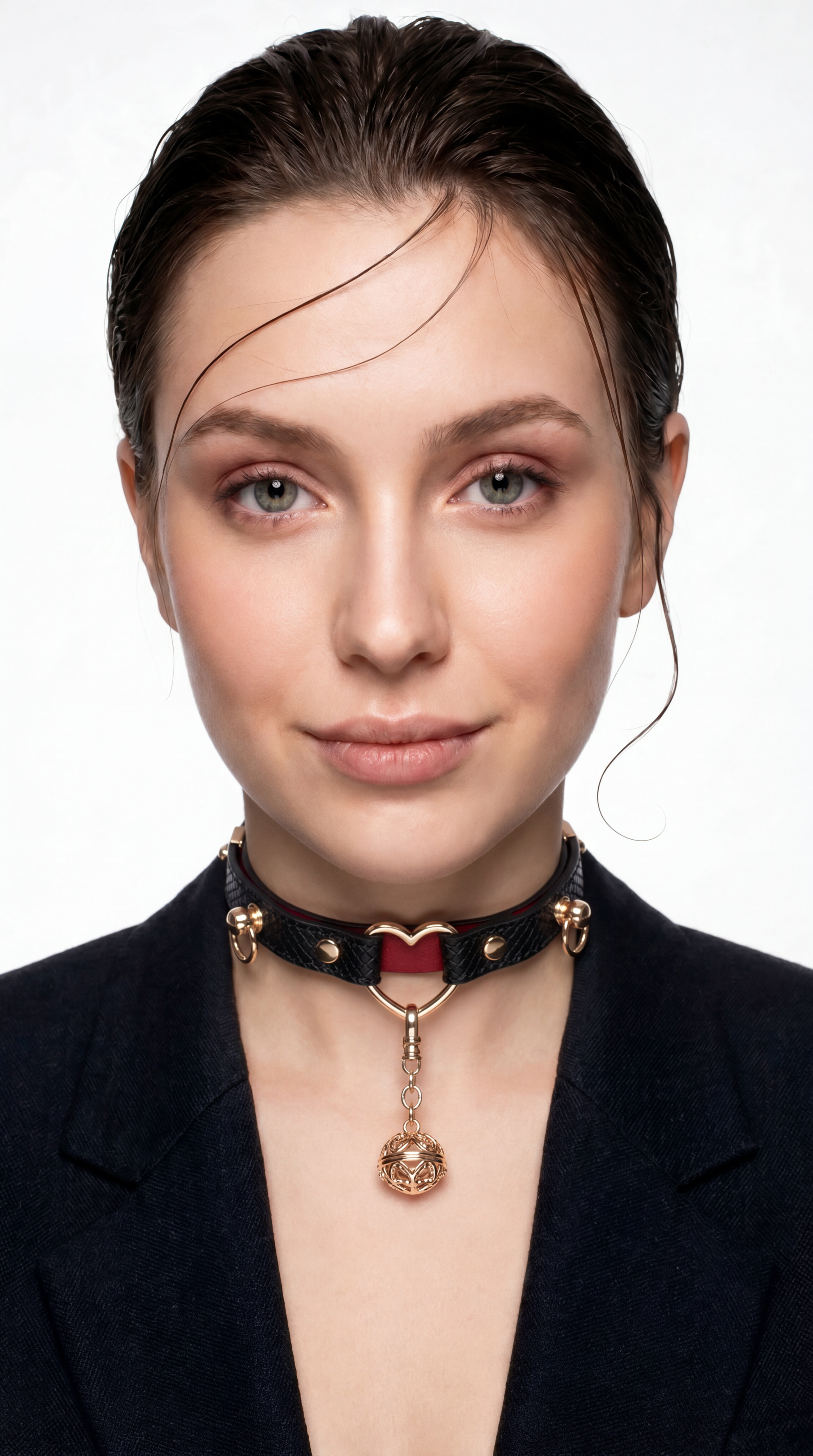 Sweet Gothic Heart Hollow Ball Choker Necklace | Black Embossed Faux Leather Collar with Red Lining & Gold Heart Frame Rose Ball Pendant