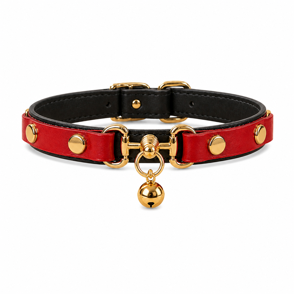 Crimson Regent Dog Collar with Gold Studs and Bell Charm