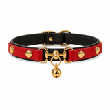 Crimson Regent Dog Collar with Gold Studs and Bell Charm