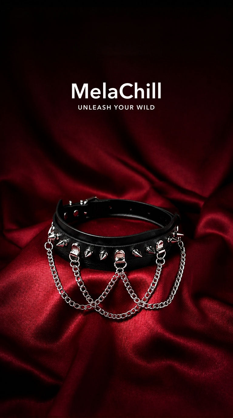 MelaChill Gothic Dark Choker Necklace | Black Studded Chain Soft Leather Collar