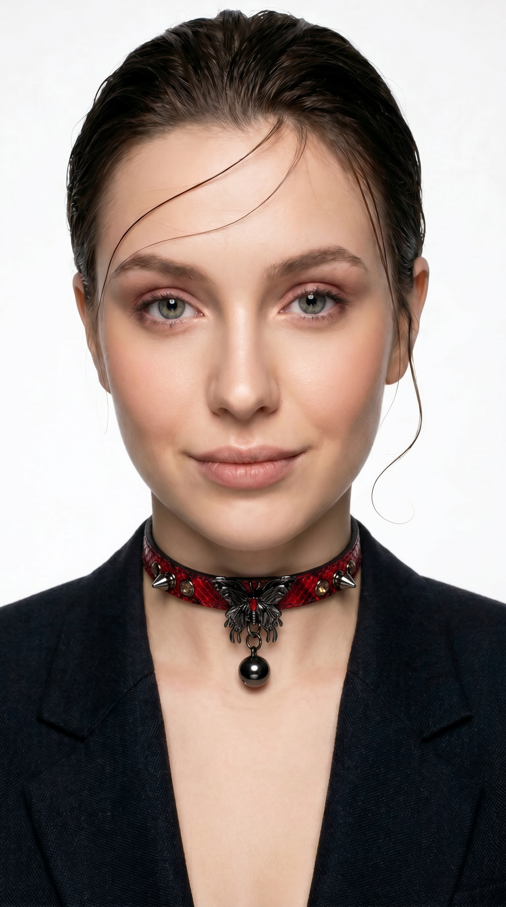 Black Red Gothic Spike Butterfly Bell Choker Necklace | Red Snake Embossed Faux Leather Collar with Antique Butterfly Ornament & Metal Bell Drop